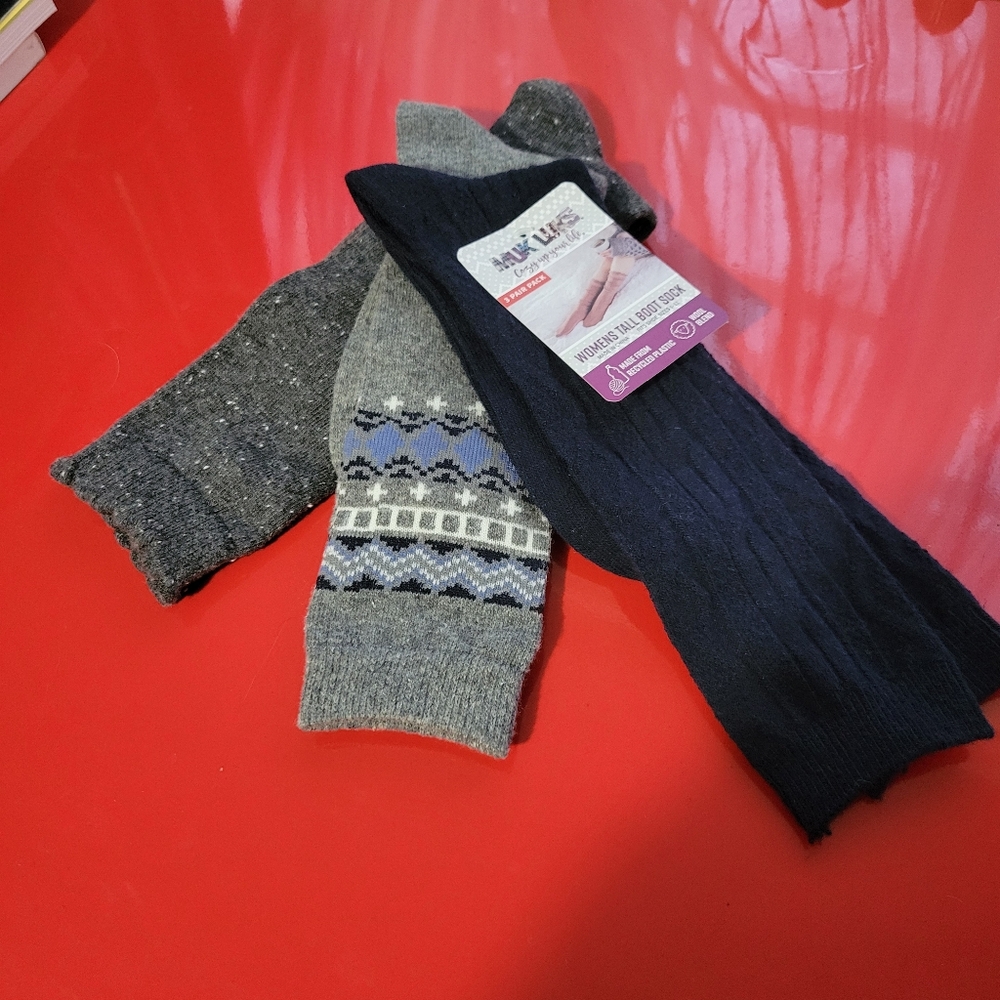 MUK LUKS 3 Pair Womens Tall Boot Socks NEW 6-1 Greys and Blues